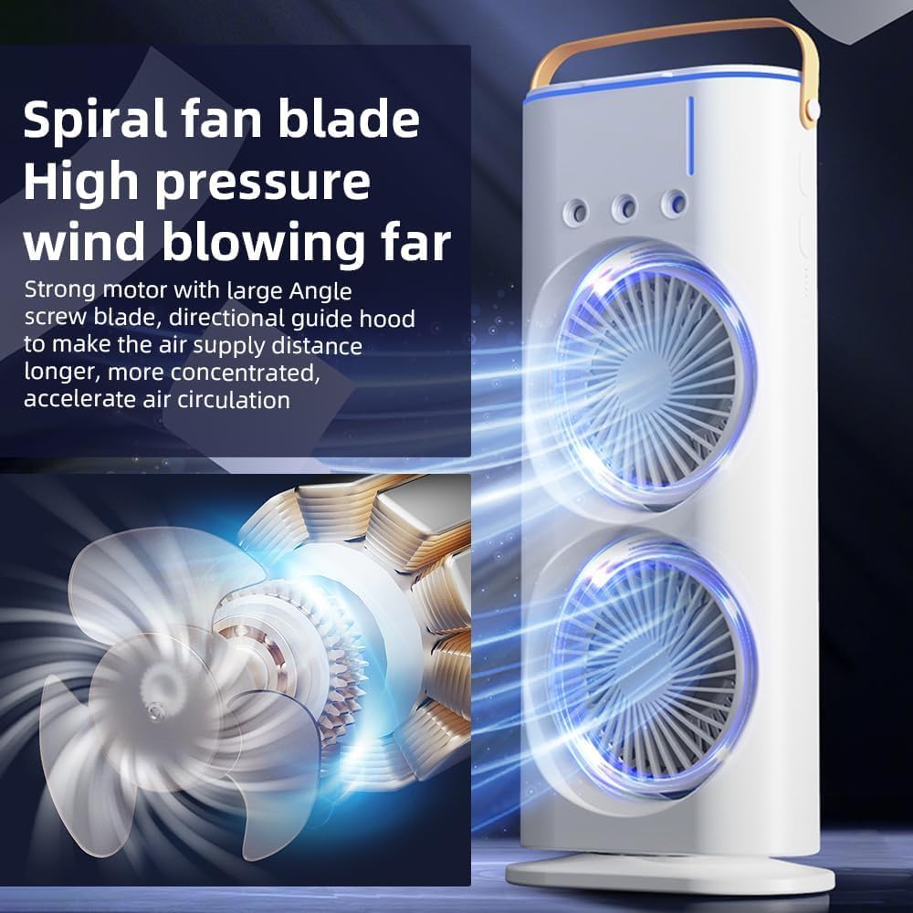 Portable Double Head Spray Fan with Mist Cooling | USB Rechargeable Mini Air Cooler | 3-Speed Adjustable | LED Light