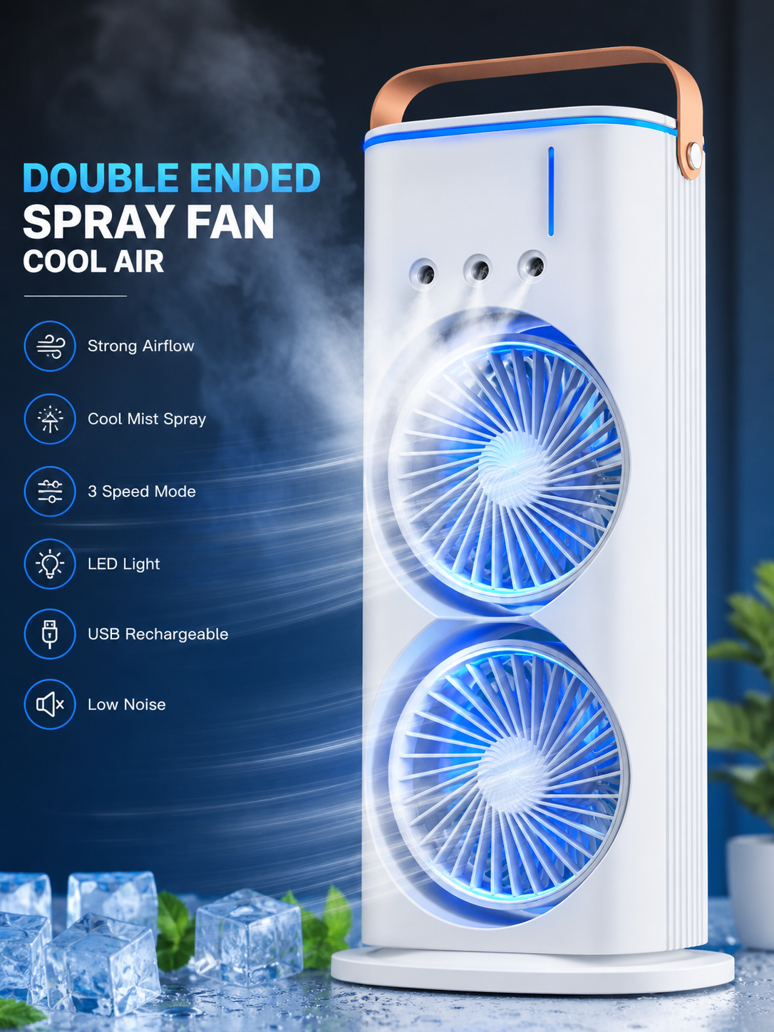 Portable Double Head Spray Fan with Mist Cooling | USB Rechargeable Mini Air Cooler | 3-Speed Adjustable | LED Light