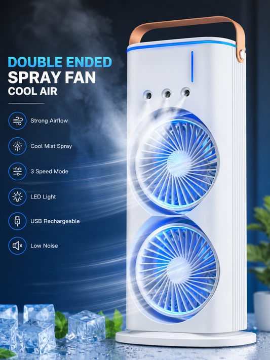 Portable Double Head Spray Fan with Mist Cooling | USB Rechargeable Mini Air Cooler | 3-Speed Adjustable | LED Light
