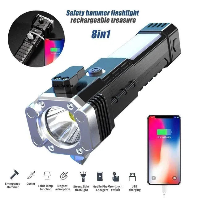 8-in-1 Rechargeable LED Torch 🔦 | Power Bank + Emergency Light | Heavy Duty Flashlight